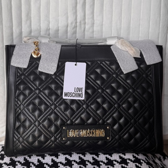 NWT Love Moschino Black Quilted Borsa Shoulder Tote in Black and Gold - Picture 5 of 14